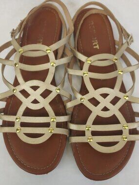 Report Gold Strappy Sandals Women’s 8.5 Flats Ankle Wrap Buckle Gladiator Beach